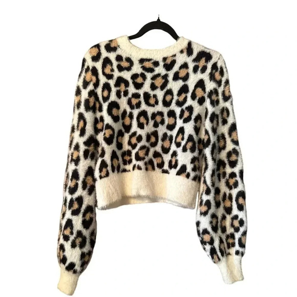 Leopard Print Pullover Sweater Crewneck Long Balloon Sleeve Fuzzy Knit - Picture 2 of 8